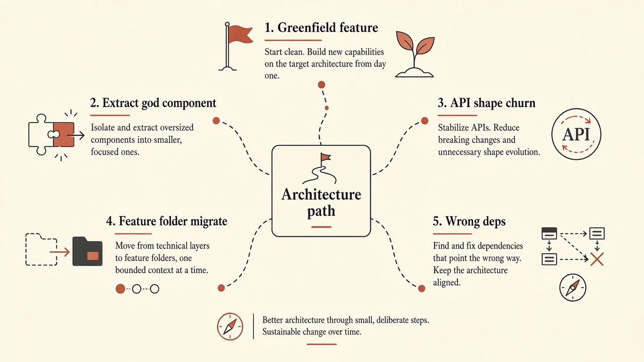 Five short paths from an architecture hub toward greenfield, extract, API churn, feature folders and dependency goals