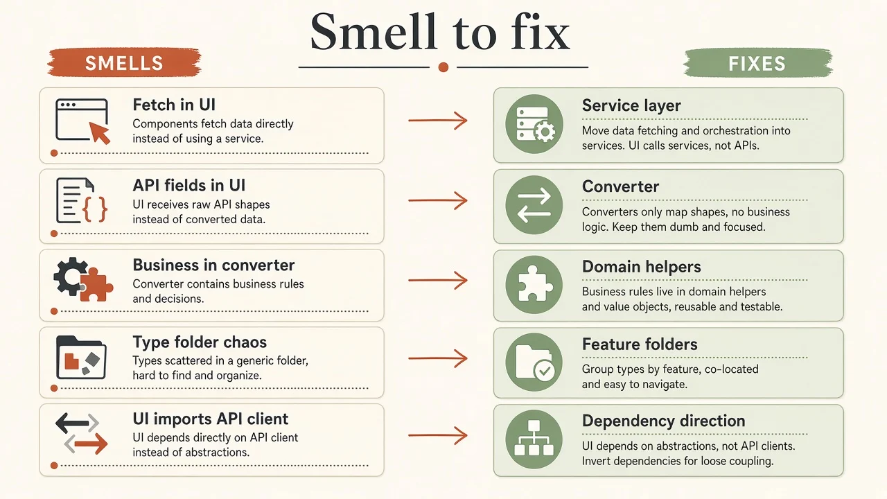 Smell chips connected to fix cards for services, converters, feature folders and dependency direction