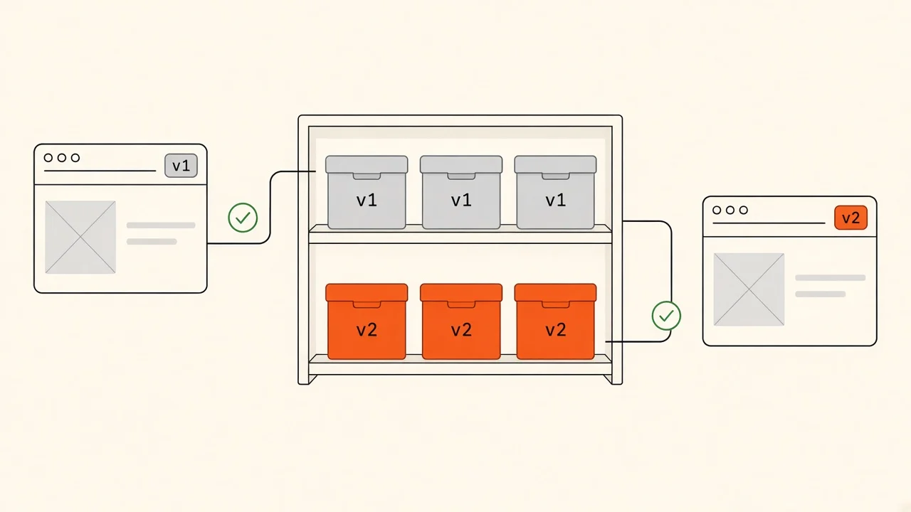 A shelf holding both v1 and v2 asset boxes, with a v1 browser tab and a v2 browser tab each connected to their own release