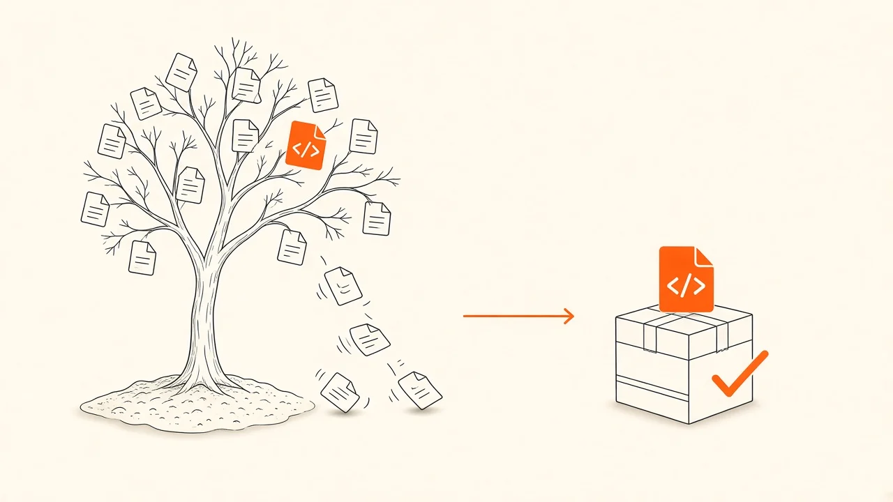 A tree of code files where unused files fall away and only the one used file is packed into the final bundle
