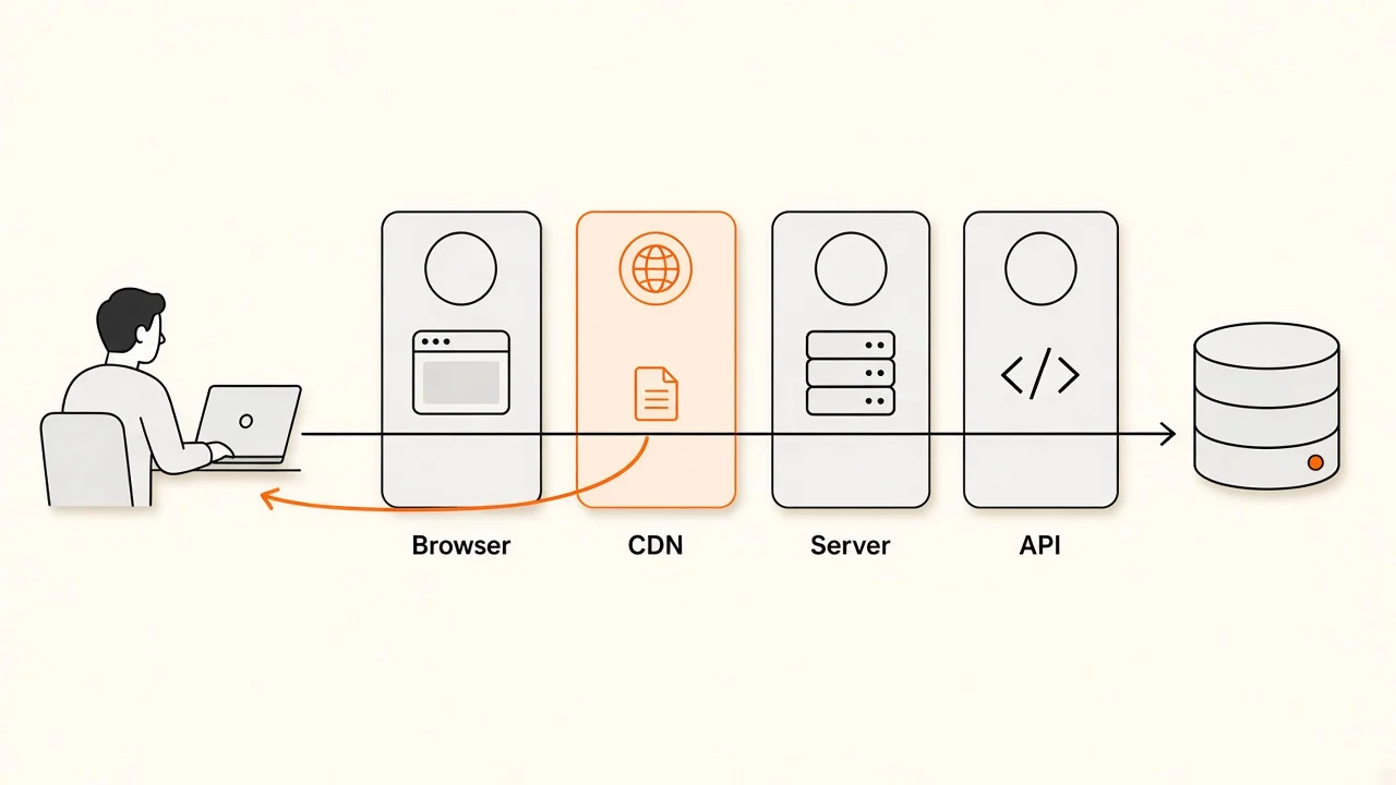 A visitor's request passes through Browser, CDN, Server and API layers on its way to the database, and the orange CDN layer sends a stored copy straight back