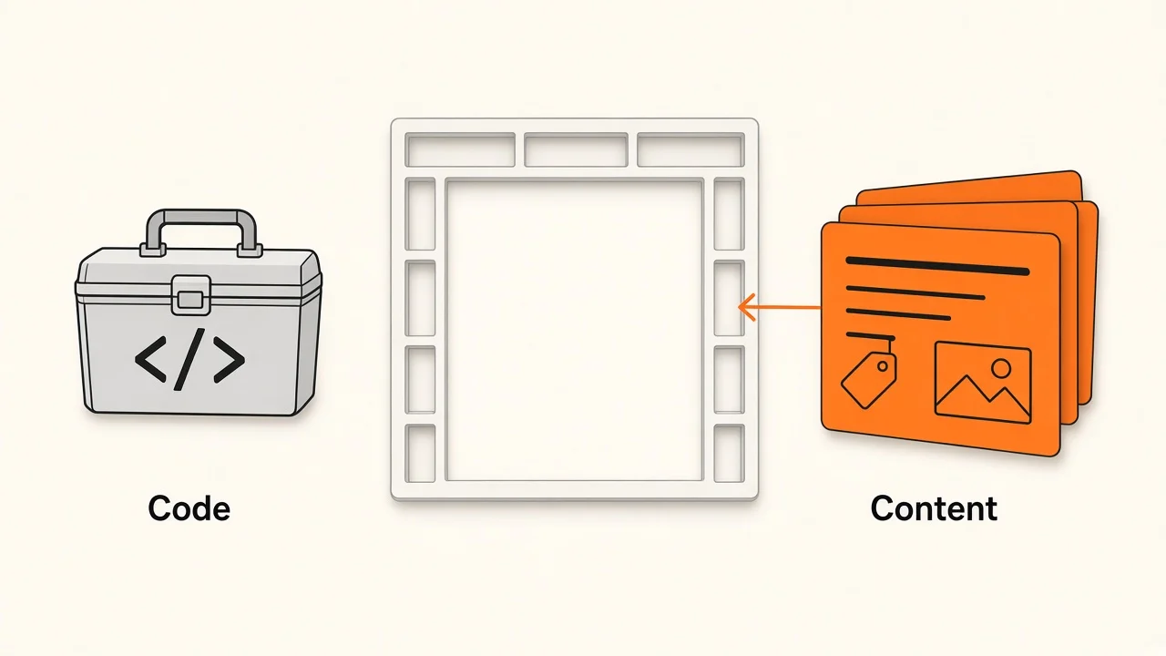 A toolbox labelled Code beside an empty page frame, with orange content cards labelled Content sliding into the frame's slots