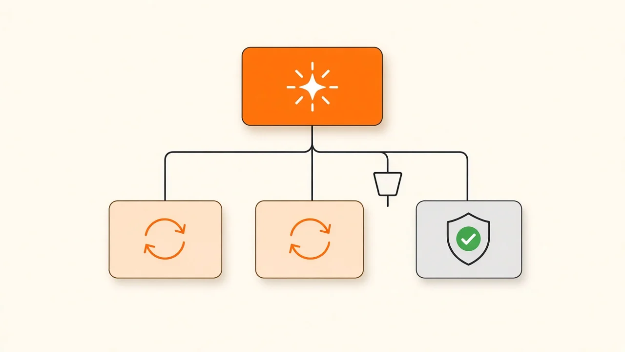 An orange parent node connected to three children: two children show refresh arrows, the third has a shield and a check mark behind a gate