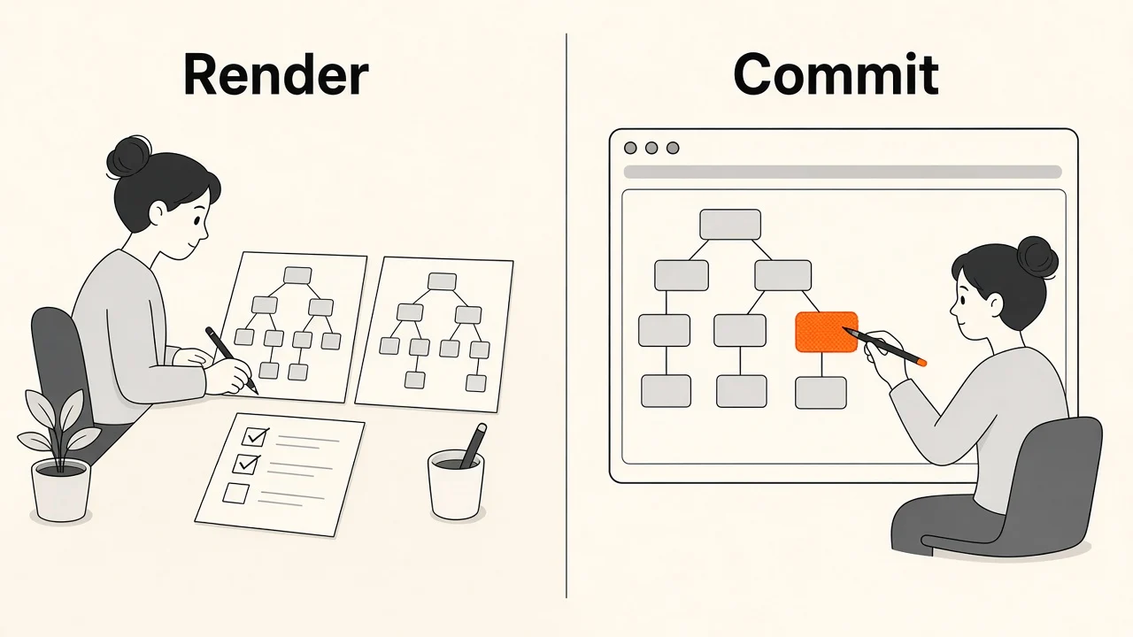 Left, labelled Render: a person compares two tree diagrams and writes a checklist. Right, labelled Commit: the same person paints a single changed box onto a browser window